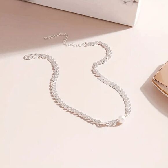 Pearl Silver Fishbone Choker Necklace - Picture 2 of 7